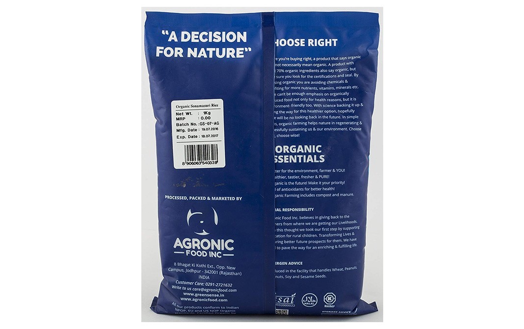 Green Sense Organic Sonamasuri White Rice   Pack  1 kilogram